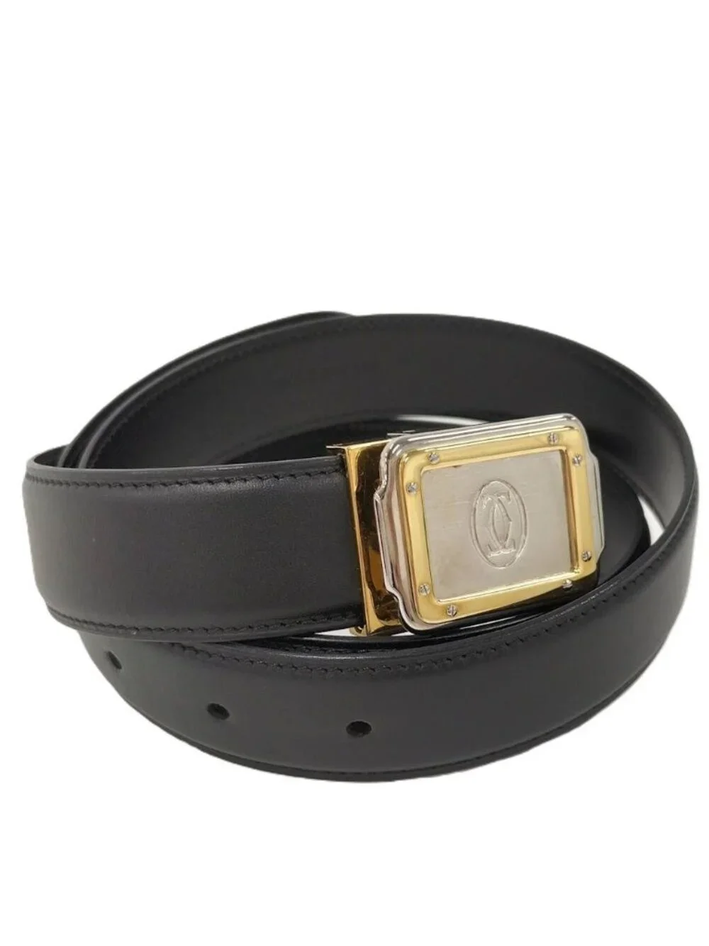 Cartier Belt Santos Leather Black Gold Silver